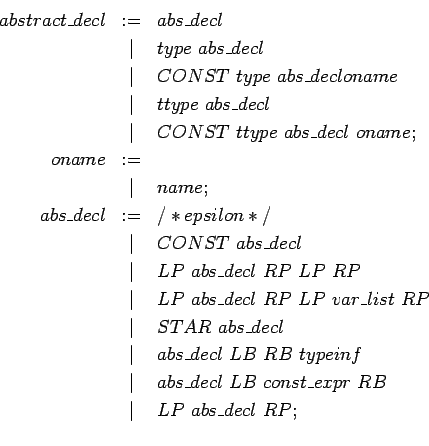 \begin{eqnarray*}
struct\_specifier & := & STRUCT opt\_tag LC def\_list ...
... */ \\
& \vert & LC initializer\_list opt\_comma RC; \\
\end{eqnarray*}