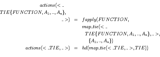 \begin{eqnarray*}
map\_tie(< \_ ,\_>, nil ) & = & nil \\
map\_tie(dp, a:l ) & = & compil(getdp(dp,a)): \\
& & map\_tie(dp,l) \\
\end{eqnarray*}