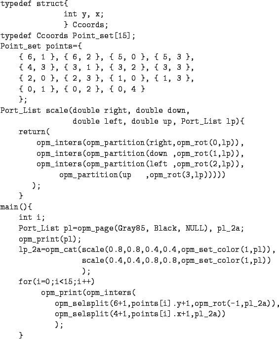 \begin{figure}{\small
\begin{verbatim}typedef struct{
int y, x;
} Ccoords...
...a)),
opm_selsplit(4+1,points[i].x+1,pl_2a))
);
}\end{verbatim}}
\end{figure}