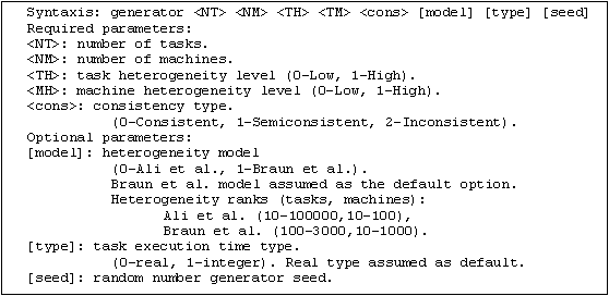 Text Box: Syntaxis: generator <NT> <NM> <TH> <TM> <cons> [model] [type] [seed]Required parameters:<NT>: number of tasks.<NM>: number of machines.<TH>: task heterogeneity level (0-Low, 1-High).<MH>: machine heterogeneity level (0-Low, 1-High).<cons>: consistency type.		(0-Consistent, 1-Semiconsistent, 2-Inconsistent).Optional parameters:[model]: heterogeneity model 		(0-Ali et al., 1-Braun et al.). 		Braun et al. model assumed as the default option. 		Heterogeneity ranks (tasks, machines): 			Ali et al. (10-100000,10-100), 			Braun et al. (100-3000,10-1000).[type]: task execution time type.		(0-real, 1-integer). Real type assumed as default.[seed]: random number generator seed.