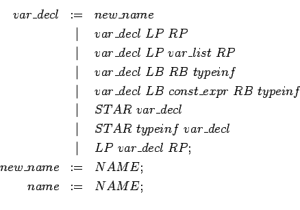 \begin{eqnarray*}
func\_decl & := & STAR  func\_decl \\
& \vert & func\_decl ...
..._decl \\
& \vert & abstract\_decl \\
& \vert & ELLIPSIS; \\
\end{eqnarray*}